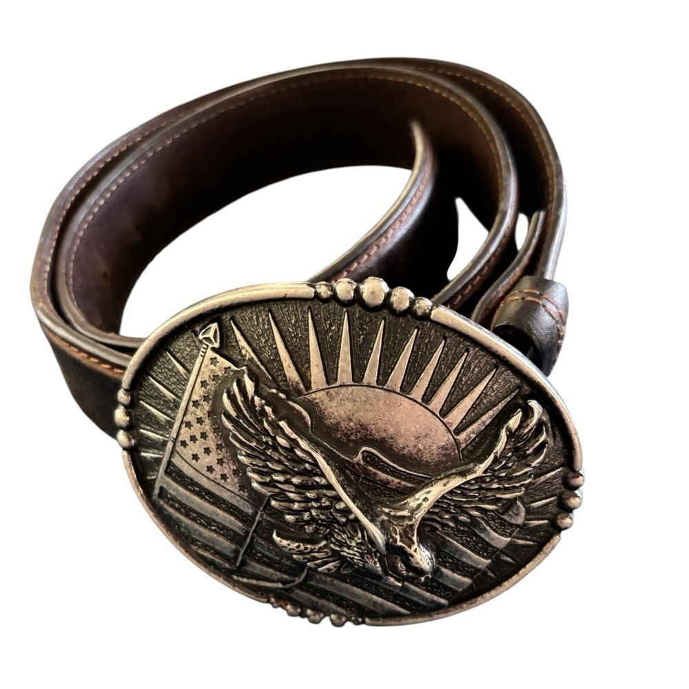 Boot Barn Men’s Leather Belt Sz 32” Big Eagle Silver Buckle 1.5” Width Western